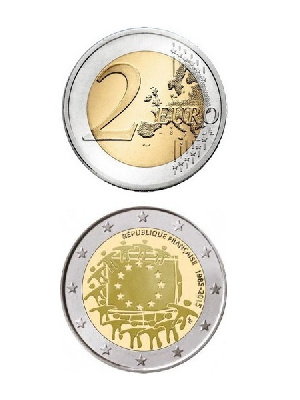 2 евро, Франция (30 лет флагу Евросоюза). 2015 г.