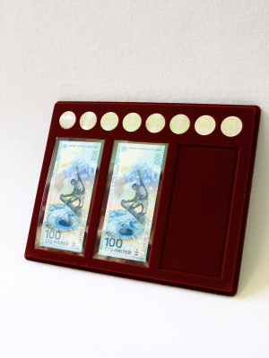 Планшет S (234х296х12 мм) для 3 банкнот Сочи-2014 в чехлах и 8 монет Сочи-2014 без капсул