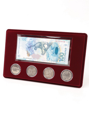 Планшет M (146х236х12 мм) для 4 монет 25 рублей в капсулах Leuchtturm и банкноты «Сочи-2014» в чехле