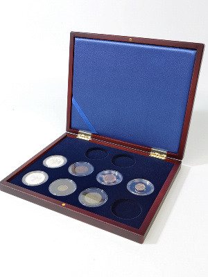 Деревянный футляр Volterra Smart (252х204х32 мм) для 10 монет в капсулах (диаметр 44 мм). Синий