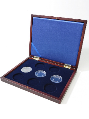 Деревянный футляр Volterra Smart (252х204х32 мм) для 8 монет в капсулах (диаметр 46 мм). Синий