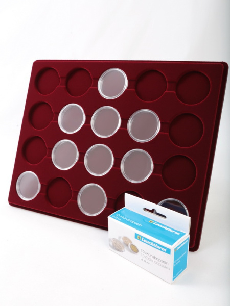 Планшет S (234х296х12 мм) для 20 монет в капсулах CAPS 38 Leuchtturm. Диаметр ячейки 44 мм, тёмно-бордовый  Планшет S (234х296х12 мм) для 20 монет в капсулах CAPS 38 Leuchtturm. Диаметр ячейки 44 мм, тёмно-бордовый