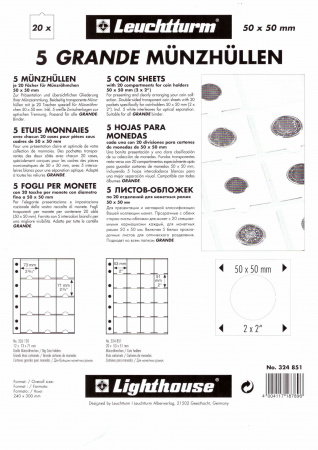 Листы-обложки для монет GRANDE M20K (242х312 мм) из прозрачного пластика на 20 ячеек (50х50 мм). Упаковка из 5 листов. Leuchtturm, 324851