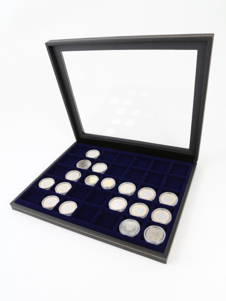 Бокс из искусственной кожи с прозрачным окном Nera Plus на 35 ячеек (36,5х36,5х8 мм), тёмно-синий  Бокс из искусственной кожи с прозрачным окном Nera Plus на 35 ячеек (36,5х36,5х8 мм), тёмно-синий