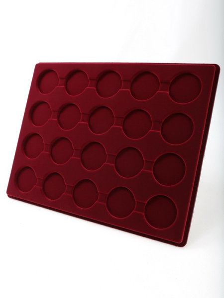 Планшет S (234х296х12 мм) для 20 монет в капсулах CAPS 36 и 37 Leuchtturm. Диаметр ячейки 42,5 мм, тёмно-бордовый  Планшет S (234х296х12 мм) для 20 монет в капсулах CAPS 36 и 37 Leuchtturm. Диаметр ячейки 42,5 мм, тёмно-бордовый