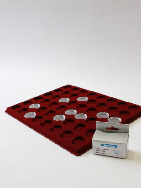 Планшет S (234х296х12 мм) для 48 монет в капсулах CAPS 23 Leuchtturm. Диаметр ячейки 29 мм, тёмно-бордовый  Планшет S (234х296х12 мм) для 48 монет в капсулах CAPS 23 Leuchtturm. Диаметр ячейки 29 мм, тёмно-бордовый