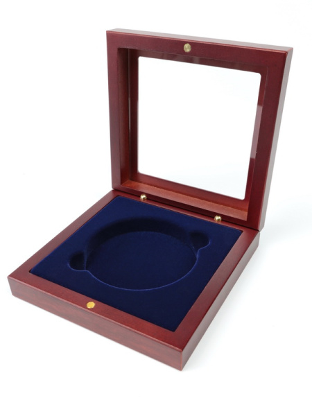 Деревянный футляр с прозрачным окном Volterra (120х120х34 мм) для одной монеты в капсуле (диаметр 74 мм), тёмно-синий  Деревянный футляр с прозрачным окном Volterra (120х120х34 мм) для одной монеты в капсуле (диаметр 74 мм), тёмно-синий