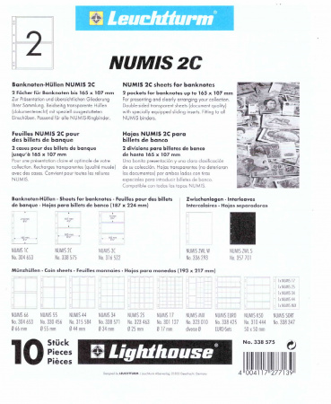Листы-обложки NUMIS 2C (187х224 мм) из прозрачного пластика на 2 ячейки (165х107 мм). Упаковка из 10 листов. Leuchtturm, 338575