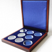 Деревянный футляр Volterra (190х196х32 мм) для 8 монет в капсулах (диаметр 46 мм). Синий